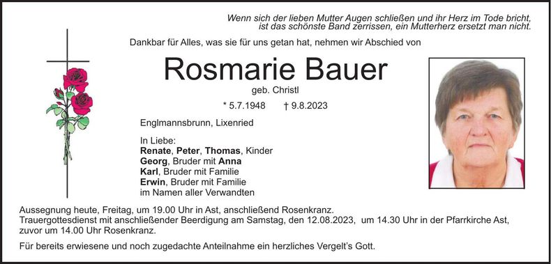 Traueranzeige Rosmarie Bauer