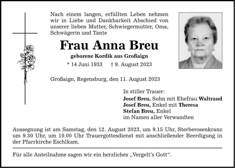 Traueranzeige Anna Breu