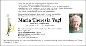 Traueranzeige Maria Theresia Vogl