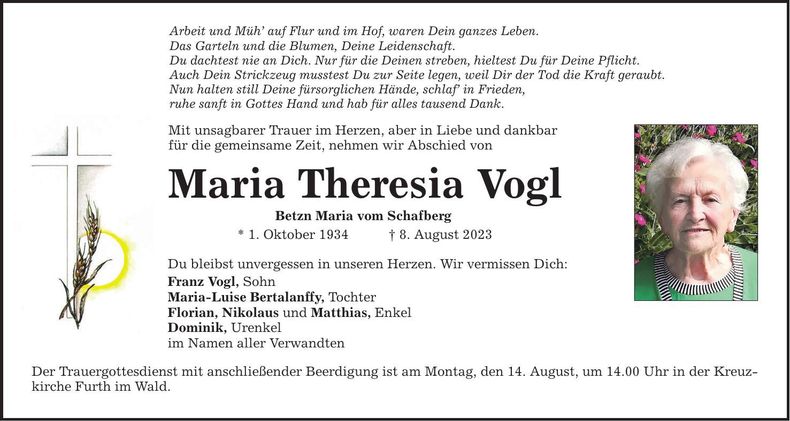 Traueranzeige Maria Theresia Vogl