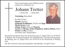 Traueranzeige Johann Tretter