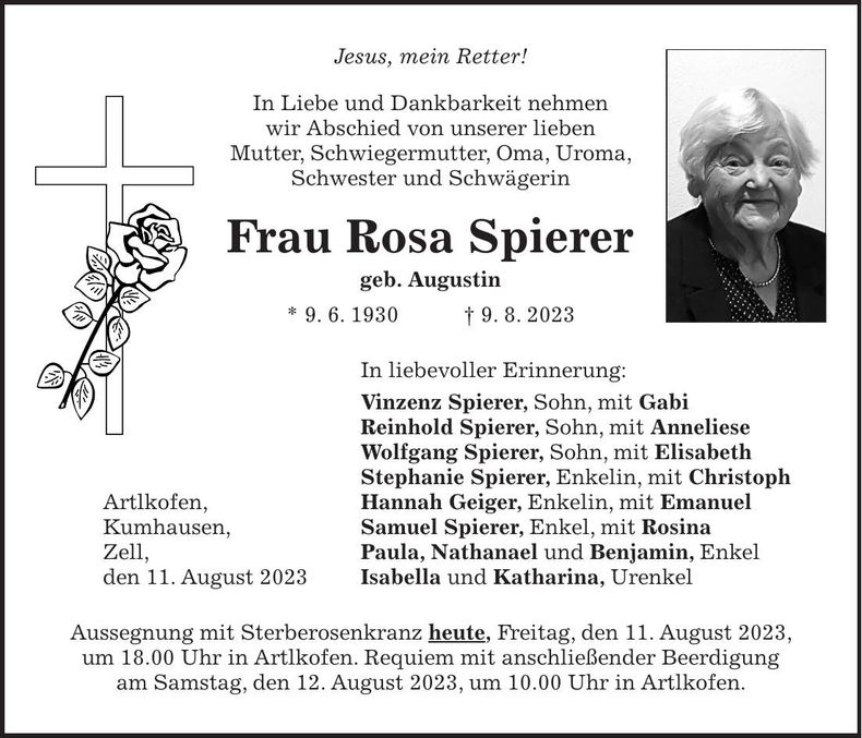 Traueranzeige Rosa Spierer