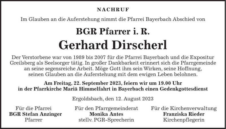 Traueranzeige Gerhard Dirscherl