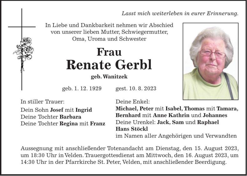 Traueranzeige Renate Gerbl