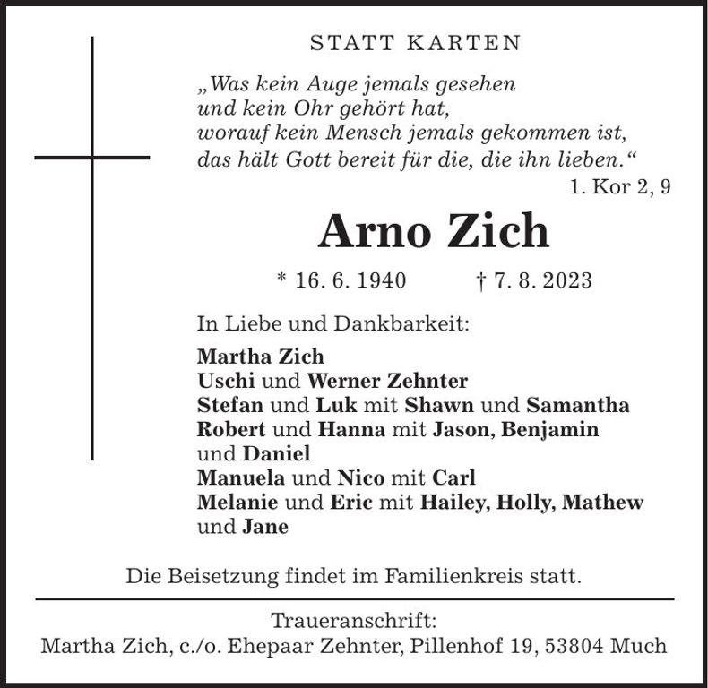 Traueranzeige Arno Zich