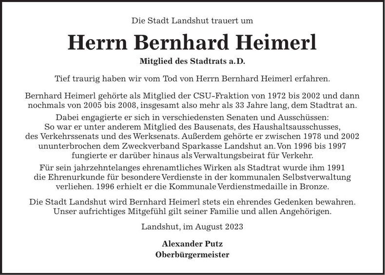 Traueranzeige Bernhard Heimerl