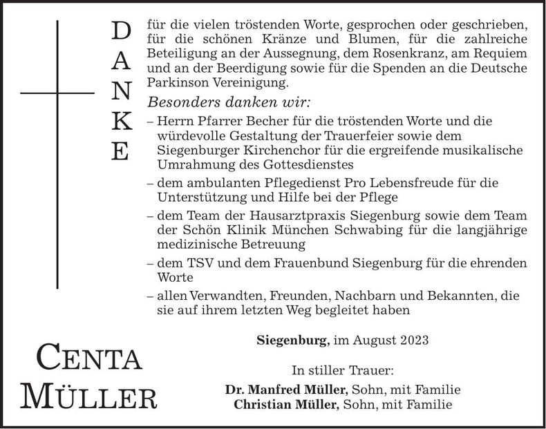Traueranzeige Centa Müller