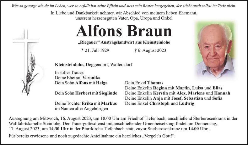 Traueranzeige Alfons Braun