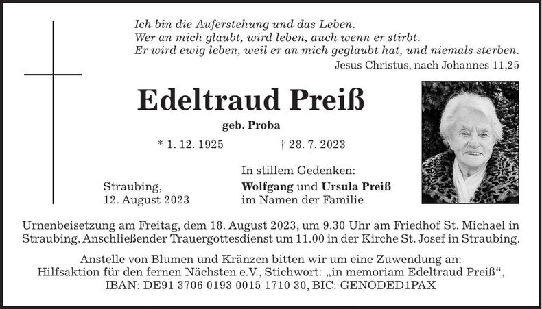 Traueranzeige Edeltraud Preiß