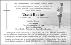 Traueranzeige Uschi Radius
