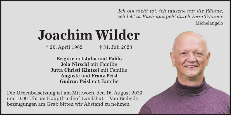 Traueranzeige Joachim Wilder