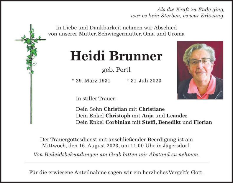 Traueranzeige Heidi Brunner