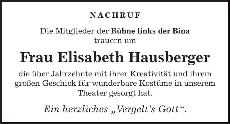 Traueranzeige Elisabeth Hausberger