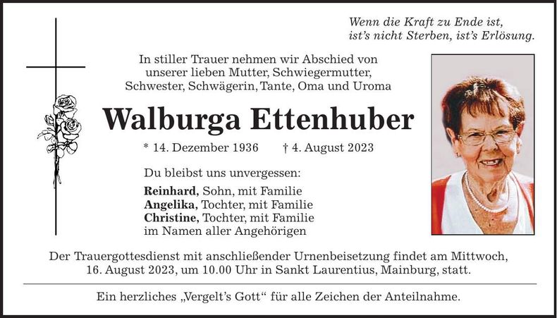 Traueranzeige Walburga Ettenhuber