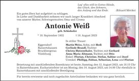 Traueranzeige Antonie Weiß
