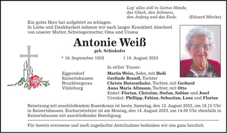 Traueranzeige Antonie Weiß