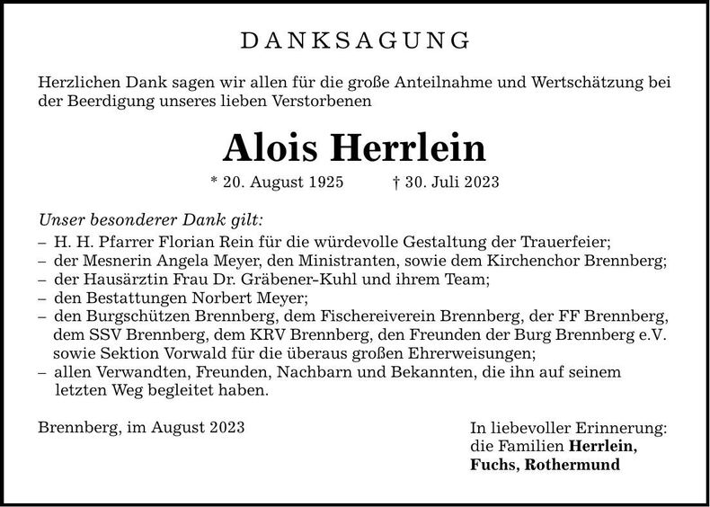 Traueranzeige Alois Herrlein