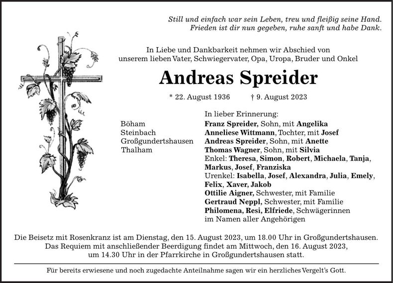 Traueranzeige Andreas Spreider