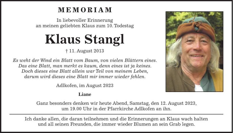 Traueranzeige Klaus Stangl