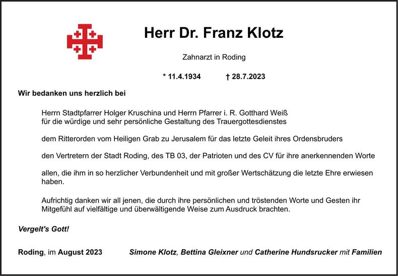 Traueranzeige Franz Dr. Klotz