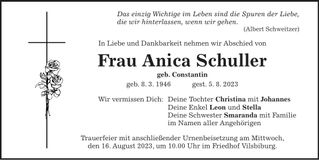 Traueranzeige Anica Schuller