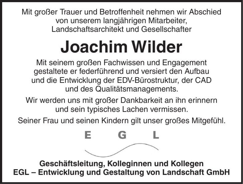 Traueranzeige Joachim Wilder