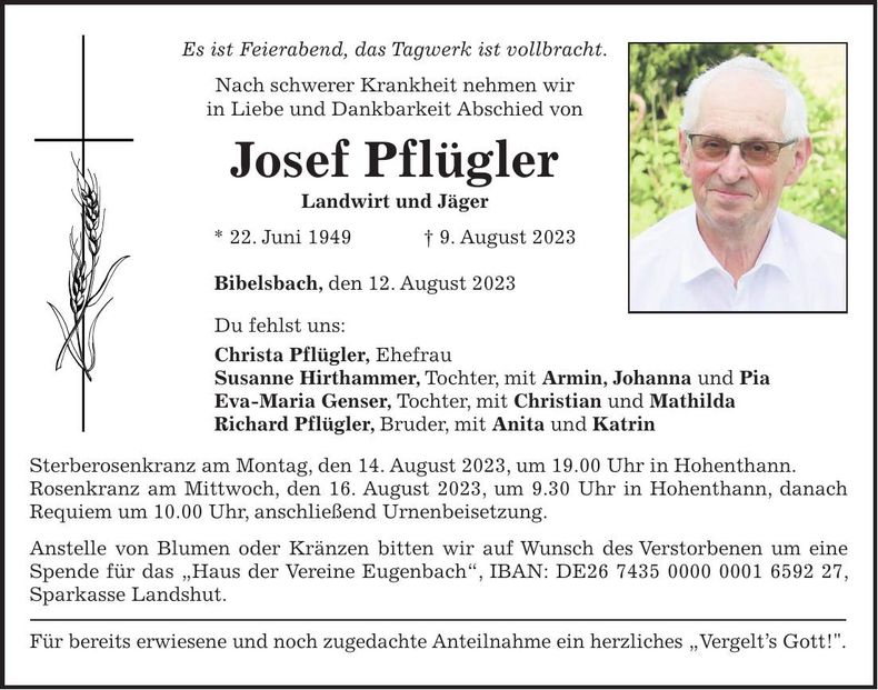 Traueranzeige Josef Pflügler