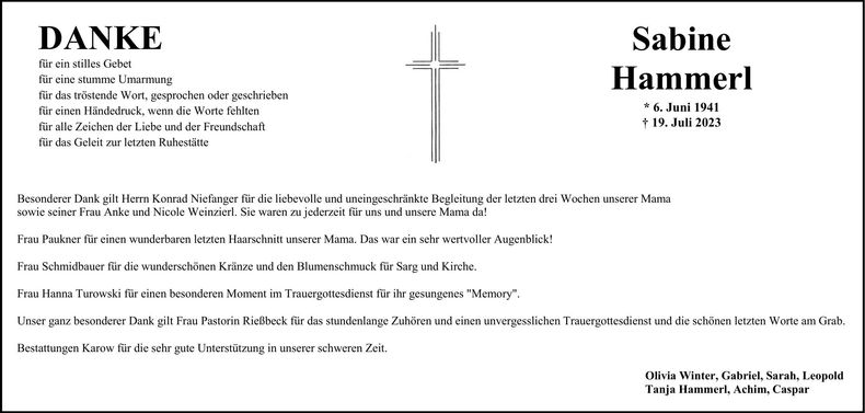 Traueranzeige Sabine Hammerl