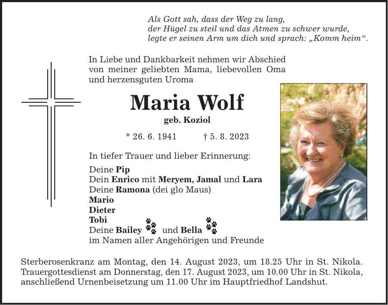 Traueranzeige Maria Wolf