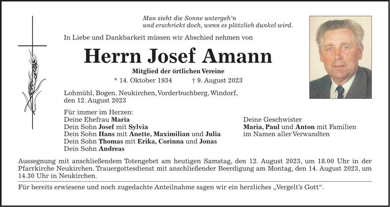 Traueranzeige Josef Amann