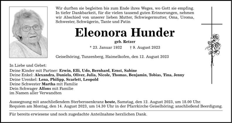 Traueranzeige Eleonora Hunder