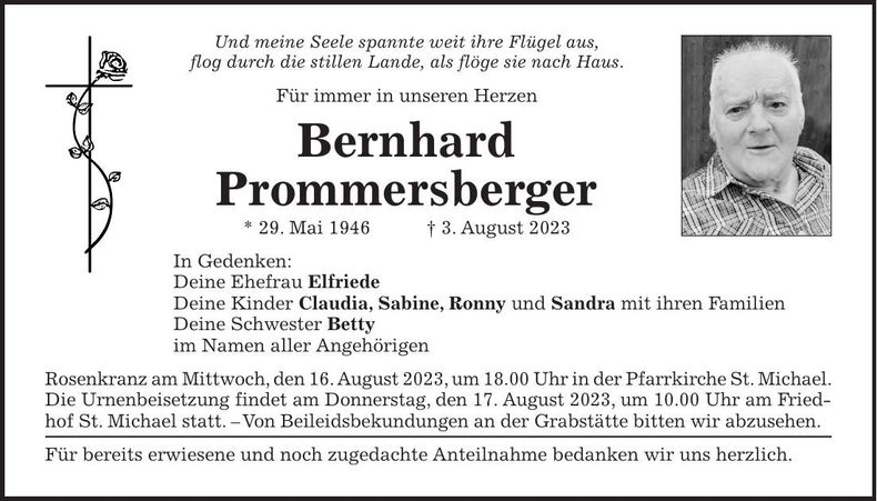Traueranzeige Bernhard Prommersberger