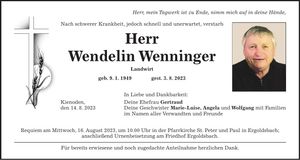 Traueranzeige Wendelin Wenninger