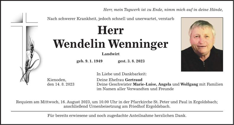 Traueranzeige Wendelin Wenninger