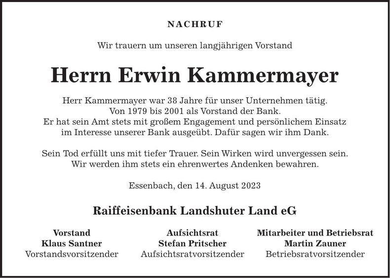 Traueranzeige Erich Kammermayer