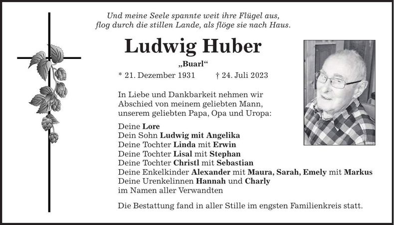 Traueranzeige Ludwig Huber