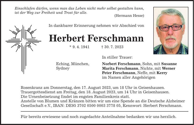 Traueranzeige Herbert Ferschmann