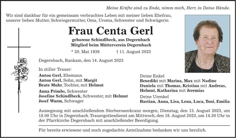 Traueranzeige Centa Gerl