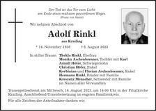 Traueranzeige Adolf Rinkl