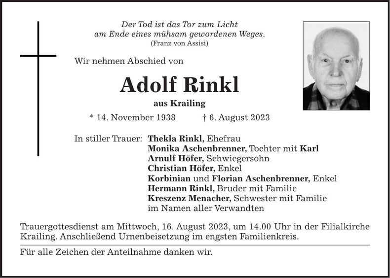 Traueranzeige Adolf Rinkl