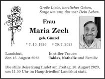 Traueranzeige Maria Zeeh