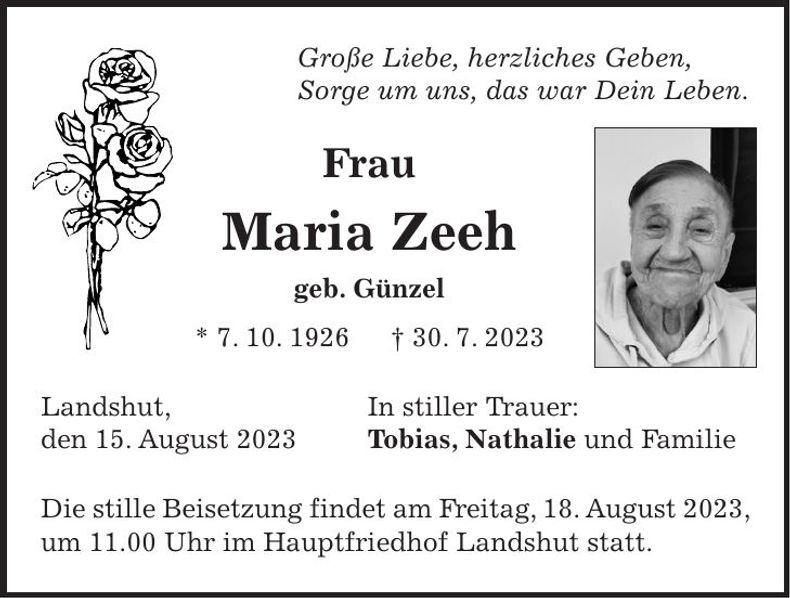 Traueranzeige Maria Zeeh