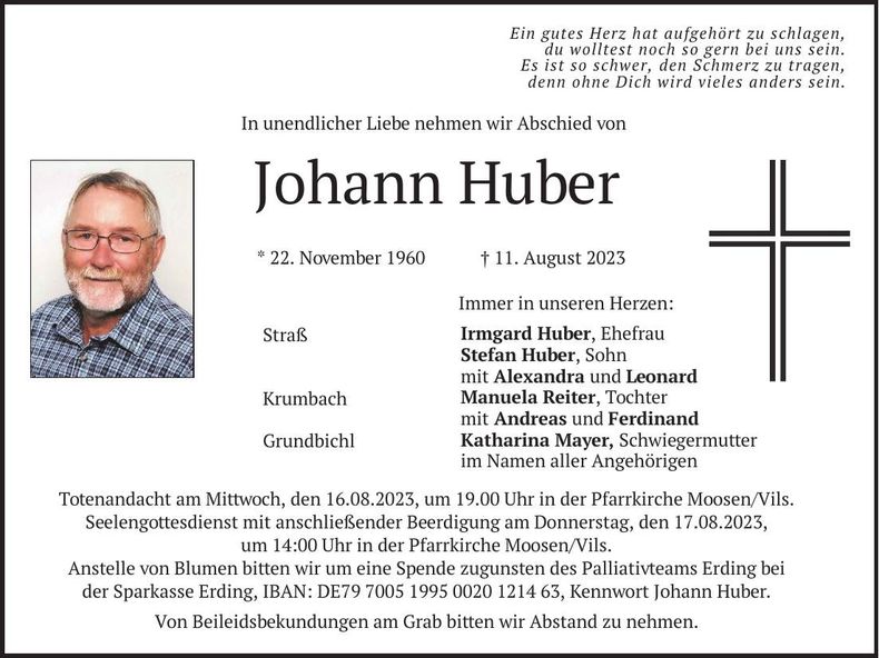 Traueranzeige Johann Huber