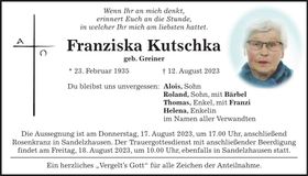 Traueranzeige Franziska Kutschka
