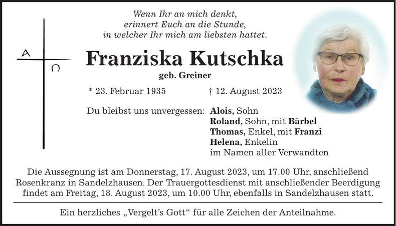 Traueranzeige Franziska Kutschka