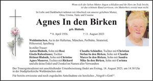 Traueranzeige Agnes In Den Birken