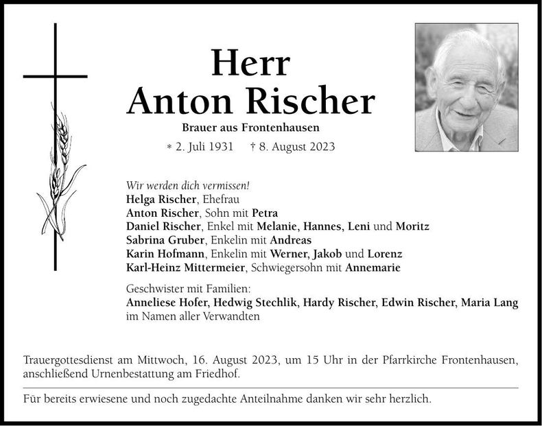 Traueranzeige Anton Rischer
