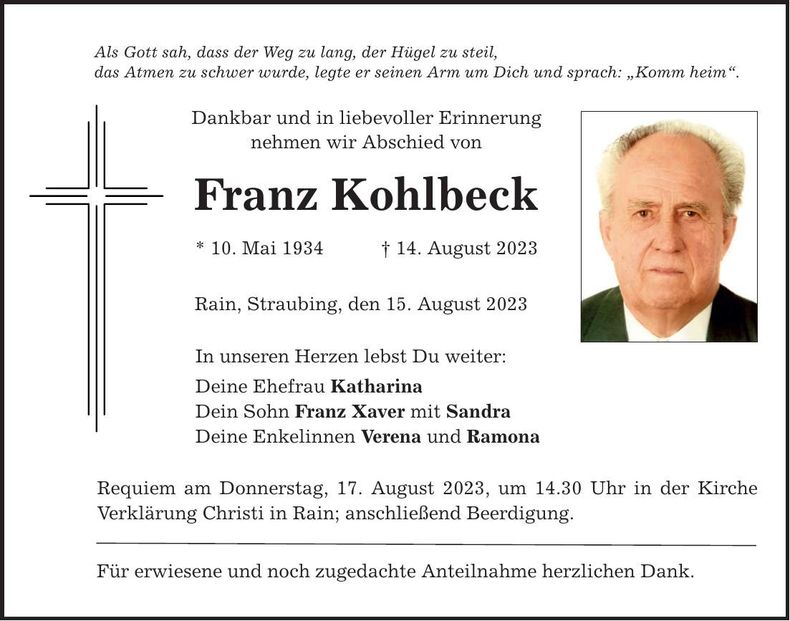 Traueranzeige Franz Kohlbeck