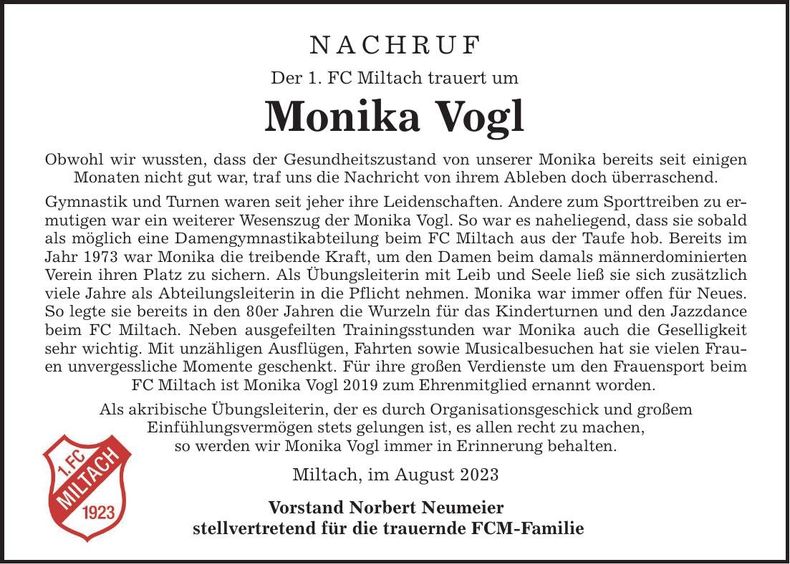 Traueranzeige Monika Vogl