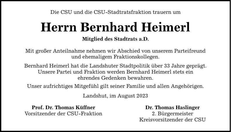 Traueranzeige Bernhard Heimerl